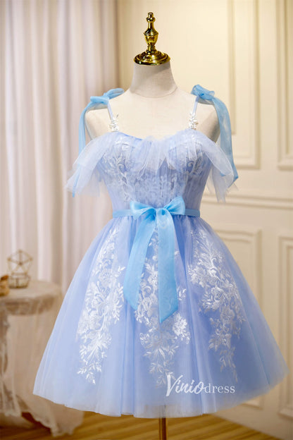 Cute Tulle Hoco Dresses Light Blue Spaghetti Strap Graduation Dresses – Viniodress