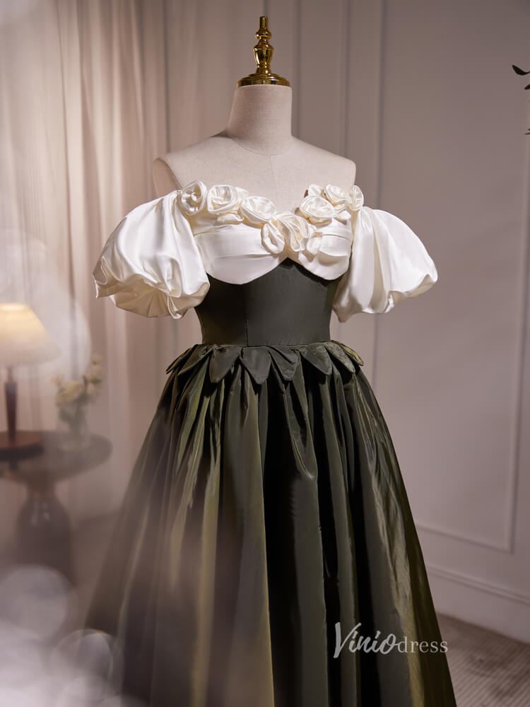 Dark Army Green Prom Dresses Puff Sleeve Vintage Formal Gown BJ009 – Viniodress