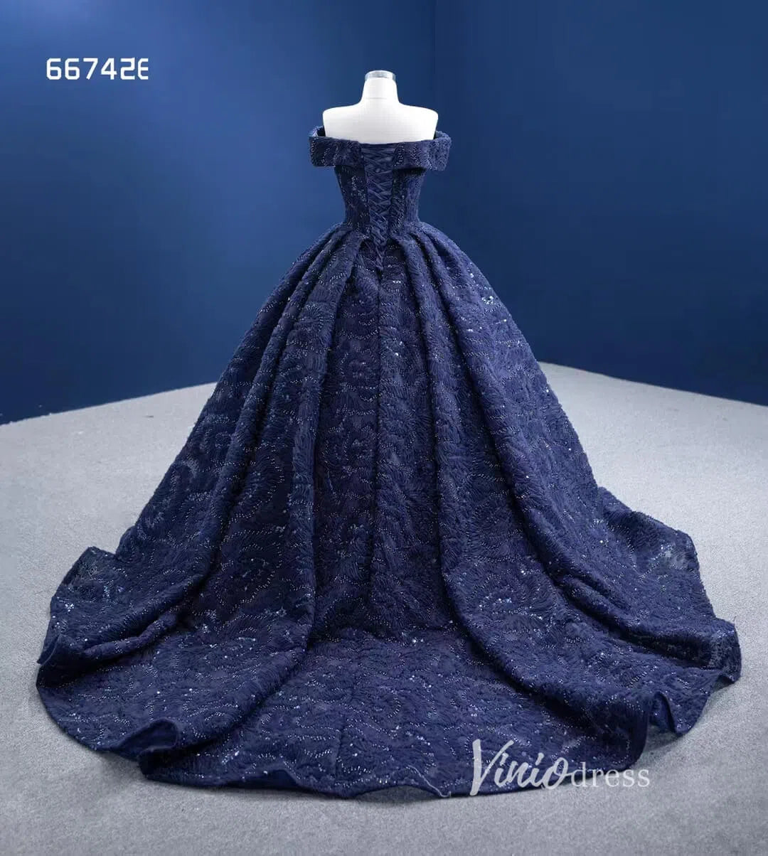 Dark Blue Ball Gown Wedding Dress Off the Shoulder Sweet 16 Dress 6674 – Viniodress