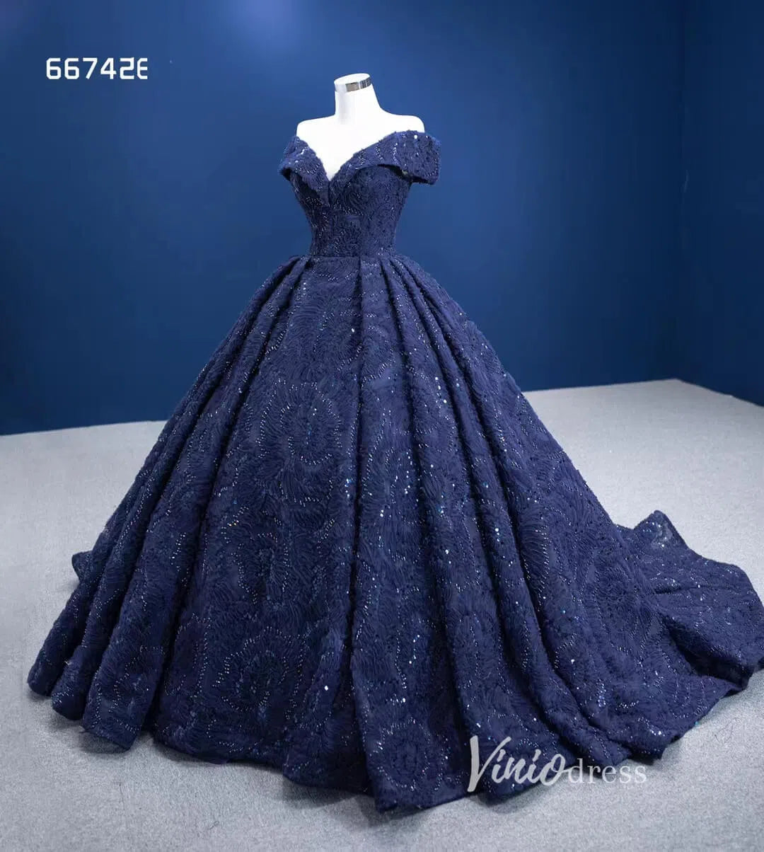 Dark Blue Ball Gown Wedding Dress Off the Shoulder Sweet 16 Dress 6674 – Viniodress