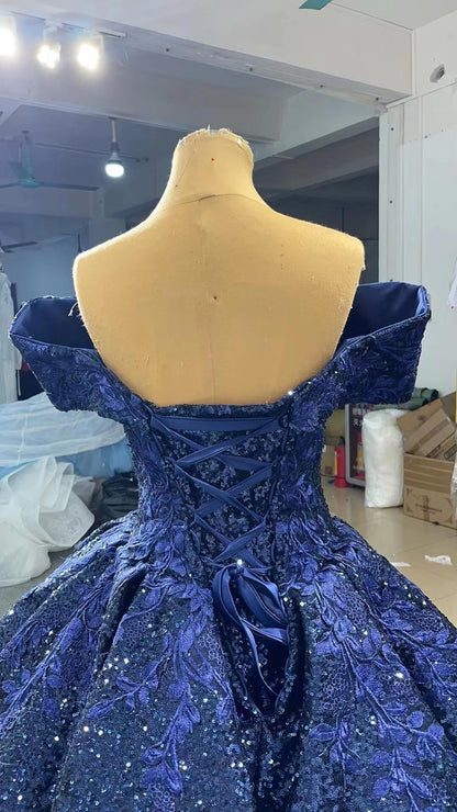 Dark Blue Lace Appliqued Ball Gown Formal Dress 66536B-Quinceanera Dresses 2025 -Viniodress-Blue-Custom Size-