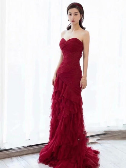 Dark Blue Ruffled Prom Dresses Strapless Sweetheart Neck Formal Dresses SU023-prom dresses 2025 -Viniodress-Blue-Custom Size-
