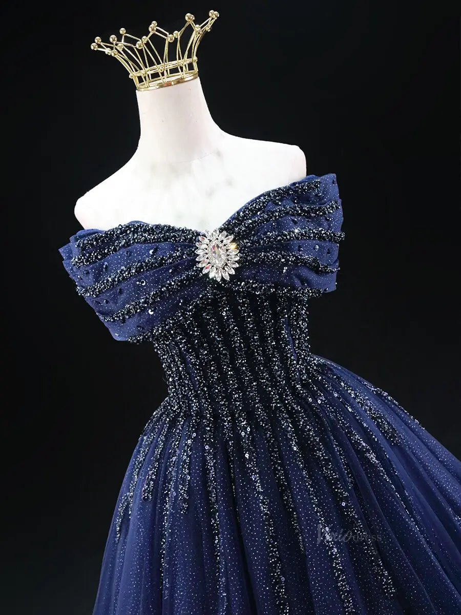 Dark Blue Sparkly Tulle Prom Dresses with Beaded Bodice, Off the Shoulder Quinceanera Dresses SU040-prom dresses 2025 -Viniodress-Blue-Custom Size-