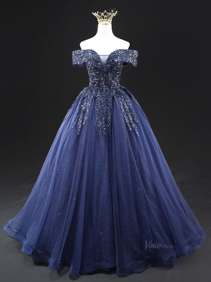 Dark Blue Sparkly Tulle Prom Dresses with Beaded Lace, Off the Shoulder Quinceanera Dresses SU004-prom dresses 2025 -Viniodress-Blue-Custom Size-