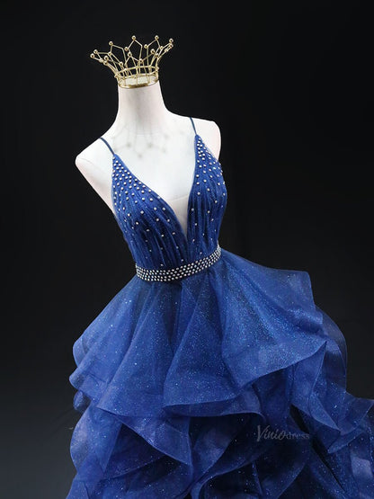 Dark Blue Sparkly Tulle Prom Dresses with Spaghetti Strap, V-Neck, Tiered, Quinceanera Dresses SU027-prom dresses 2025 -Viniodress-Blue-Custom Size-
