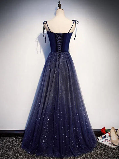 Dark Blue Starry Prom Dresses Spaghetti Strap Long Evening Dress FD122 – Viniodress