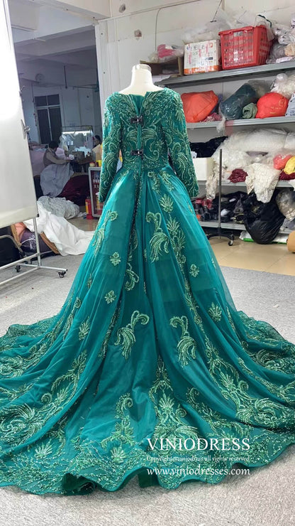 Dark Emerald Green Wedding Gown Beaded Overskirt Pageant Dresses 67250B-wedding dresses 2025 -Viniodress-Emerald Green-Custom Size-