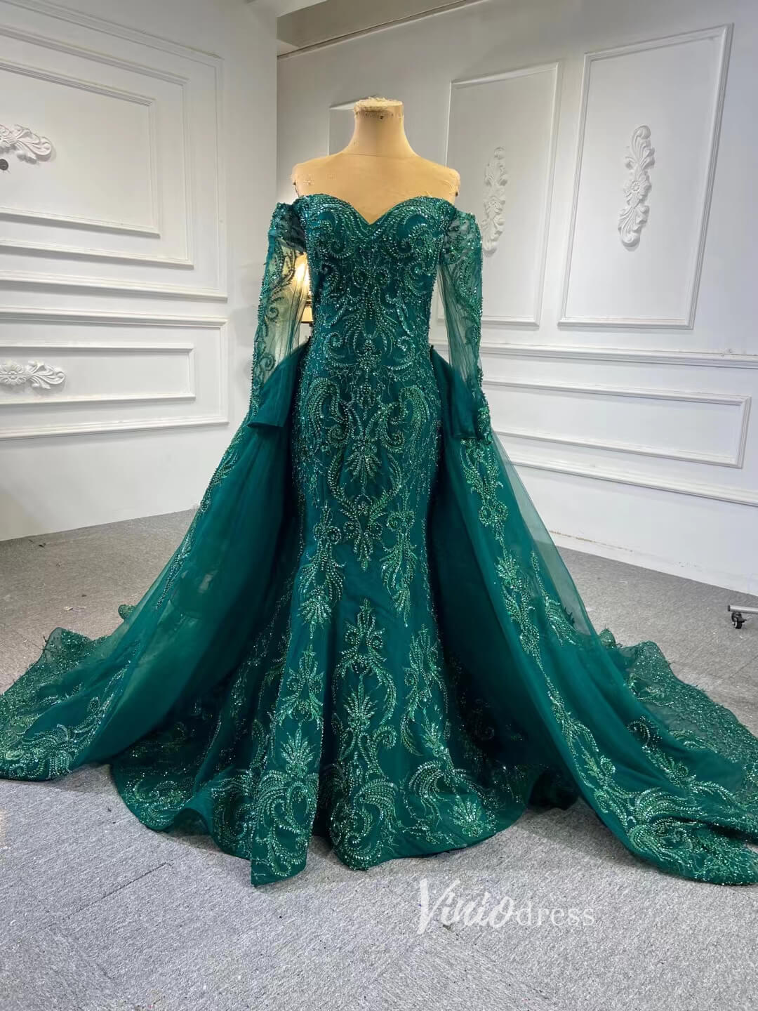 Dark Emerald Green Wedding Gown Beaded Overskirt Pageant Dresses 67250 – Viniodress