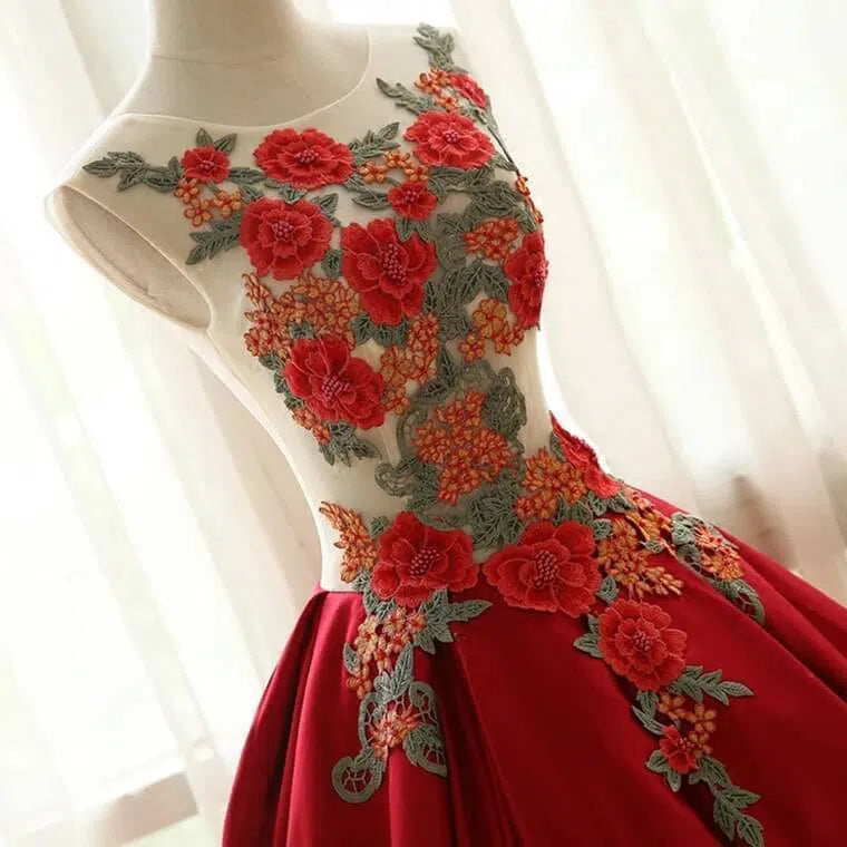 Dark Red Floral Ball Gown Prom Dresses Quinceanera Dress FD1220-prom dresses 2025 -Viniodress-Rose Red-Custom Size-