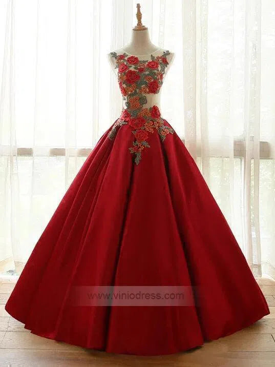 Dark Red Floral Ball Gown Prom Dresses Quinceanera Dress FD1220-prom dresses-Viniodress-Rose Red-Custom Size-Viniodress