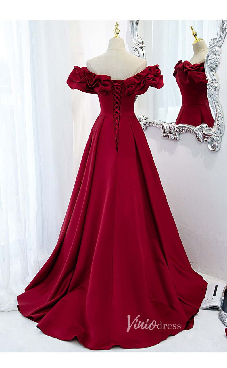 Dark Red Satin Off Shoulder Long Prom Dresses with Pockets FD2628-prom dresses 2025 -Viniodress-Dark Red-Custom Size-