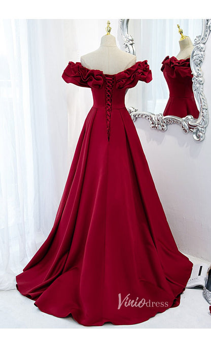 Dark Red Satin Off Shoulder Long Prom Dresses with Pockets FD2628-prom dresses 2025 -Viniodress-Dark Red-Custom Size-