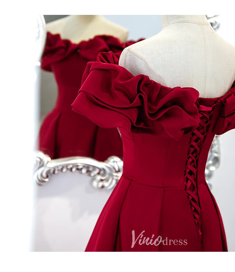 Dark Red Satin Off Shoulder Long Prom Dresses with Pockets FD2628-prom dresses 2025 -Viniodress-Dark Red-Custom Size-