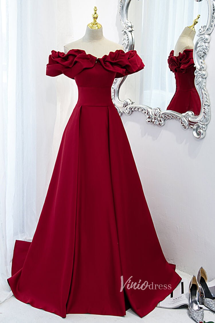 Dark Red Satin Off Shoulder Long Prom Dresses with Pockets FD2628-prom dresses 2025 -Viniodress-Dark Red-Custom Size-