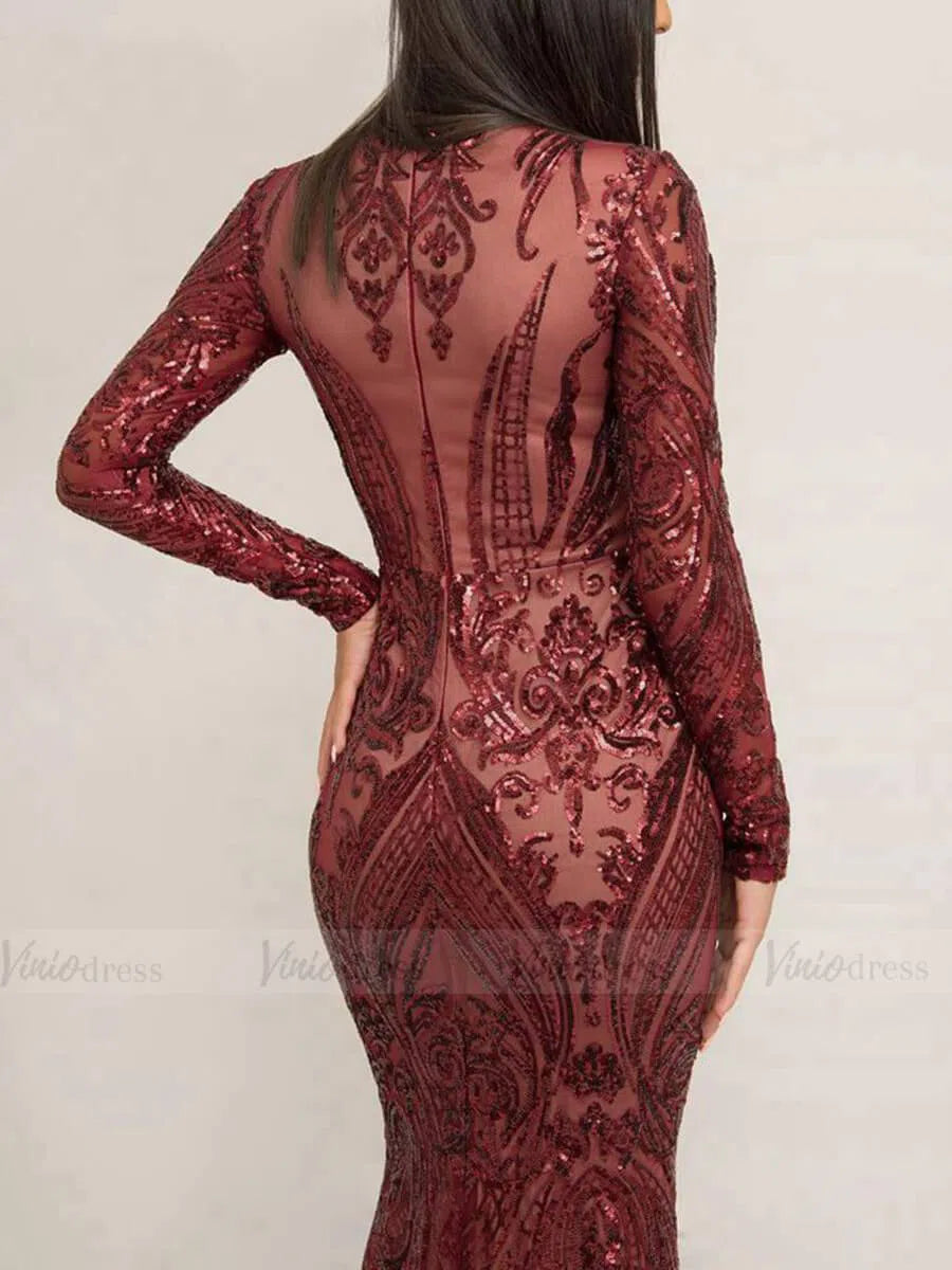 Detachable Burgundy Sequin Prom Dresses with Long Sleeves FD1633-prom dresses 2025 -Viniodress-Burgundy-Custom Size-