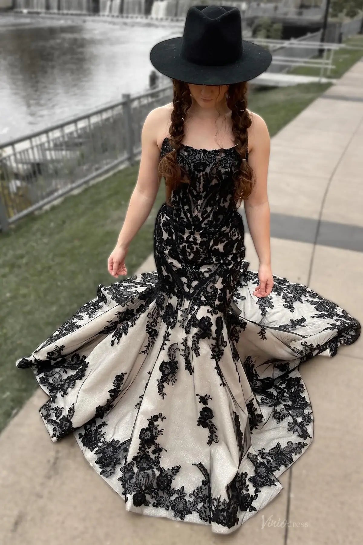 Dramatic Black Lace Mermaid Wedding Dress with Nude Underlay & Chapel Train – BK124