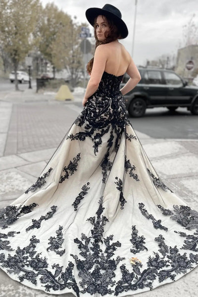 Dramatic Black Lace Mermaid Wedding Dress with Nude Underlay & Chapel Train – BK124
