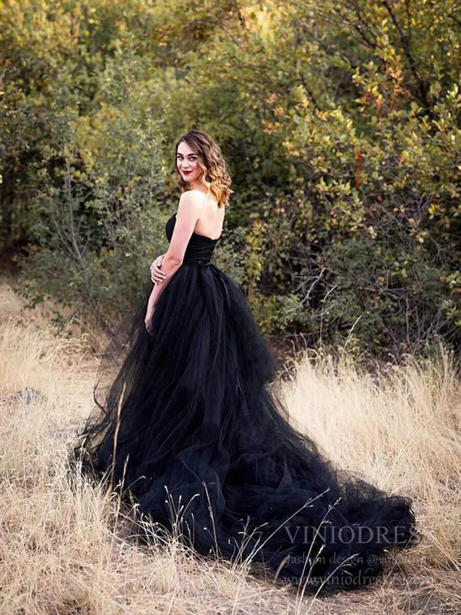 Dramatic Black Tulle Wedding Gown with Corset Back and Romantic Layered Skirt VW1227