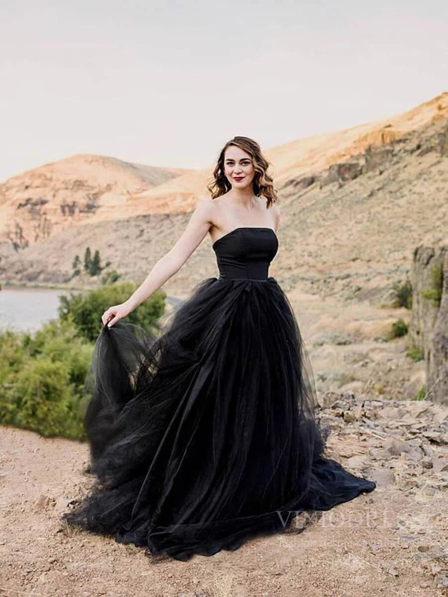 Simple Strapless Black Tulle Bridal Dresses Wedding Photography Dress VW1227-wedding dresses 2025 -Viniodress-Black-Custom Size-