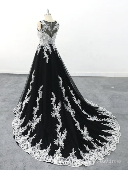 Dramatic Black Wedding Dress with White Lace Appliques, Illusion Neckline, and Chapel Train – BK122-wedding dresses 2025 -Viniodress-Black-Custom Size-