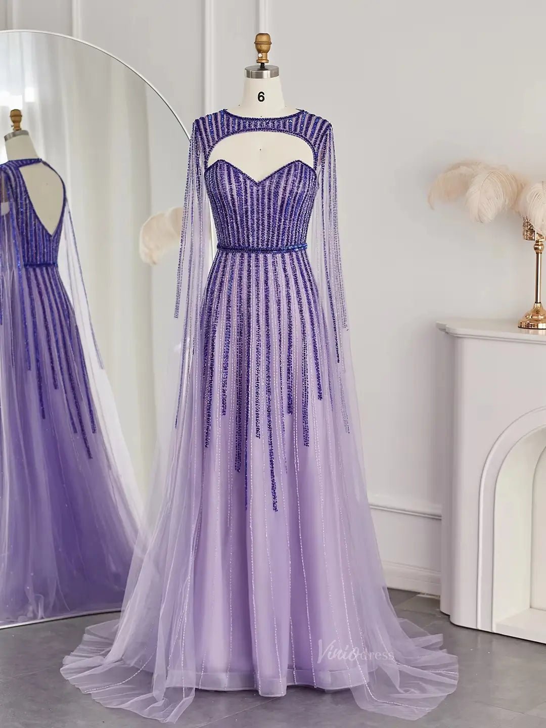 Draped Sleeve Prom Dresses Beaded Sparkly Formal Dresses Cape Sleeves BD030-Evening Dresses 2025 -Viniodress-Emerald Green-US 2-