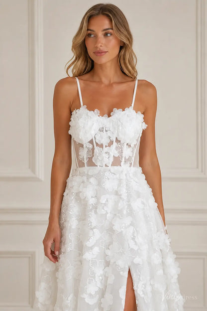 White A-line wedding dress with a sheer corset bodice, spaghetti straps, and 3D floral lace appliqué with a high slit.