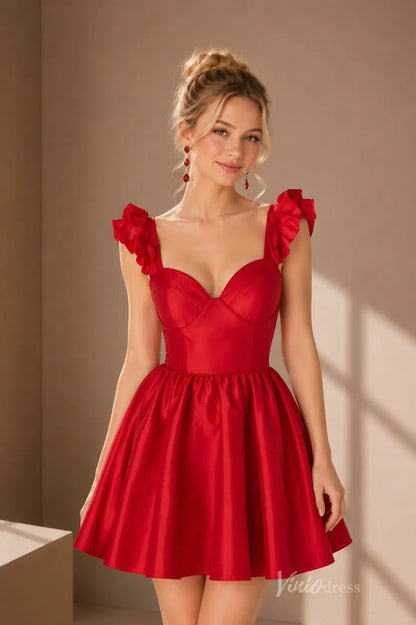Satin Homecoming Dress with Ruffle Straps & Sweetheart Neck