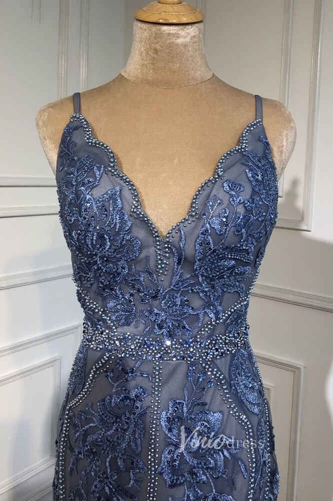 Dusty Blue Beaded Evening Dresses Mermaid Spaghetti Strap Prom Dress FD3023-Evening Dresses 2025 -Viniodress-Dusty Blue-US 2-