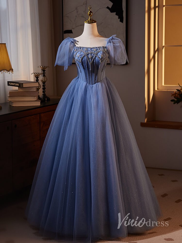 Dusty Blue Beaded Lace Prom Dresses 2024 Puffed Sleeve Sparkly Tulle 90013-prom dresses 2025 -Viniodress-Dusty Blue-Custom Size-