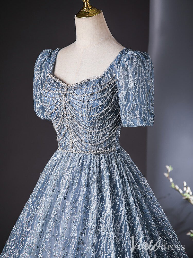 Dusty Blue Beaded Lace Quinceanera Dresses Puffed Sleeve Ball Gown AD1383-prom dresses 2025 -Viniodress-Dusty Blue-Custom Size-