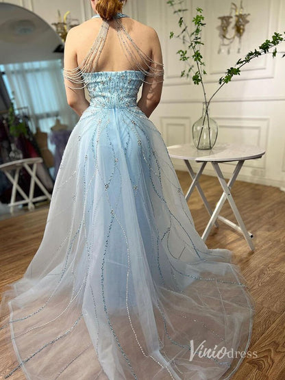 Dusty Blue Beaded Mermaid Evening Dresses with Overskirt Halter Neck Pageant Dress AD1144-Evening Dresses 2025 -Viniodress-Dusty Blue-US 2-