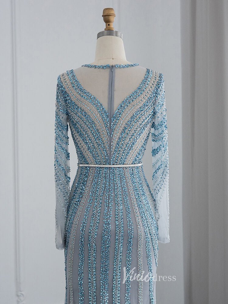 Dusty Blue Beaded Prom Dresses Long Sleeve Mermaid Evening Dress 20097 – Viniodress