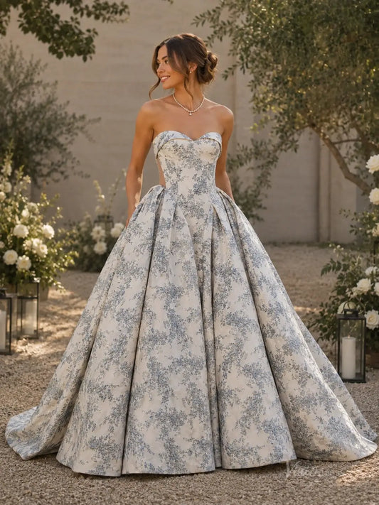 Dusty blue floral jacquard wedding ball gown with a strapless sweetheart neckline and full pleated skirt.