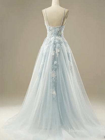 Dusty Blue Floral Lace Prom Dresses 2025 Spaghetti Strap V-Neck Formal Dresses - FD1779-prom dresses 2025 -Viniodress-Blue-Custom Size-