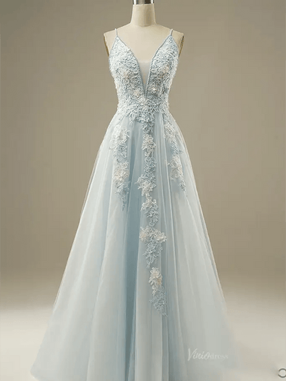 Dusty Blue Floral Lace Prom Dresses 2025 Spaghetti Strap V-Neck Formal Dresses - FD1779-prom dresses 2025 -Viniodress-Blue-Custom Size-