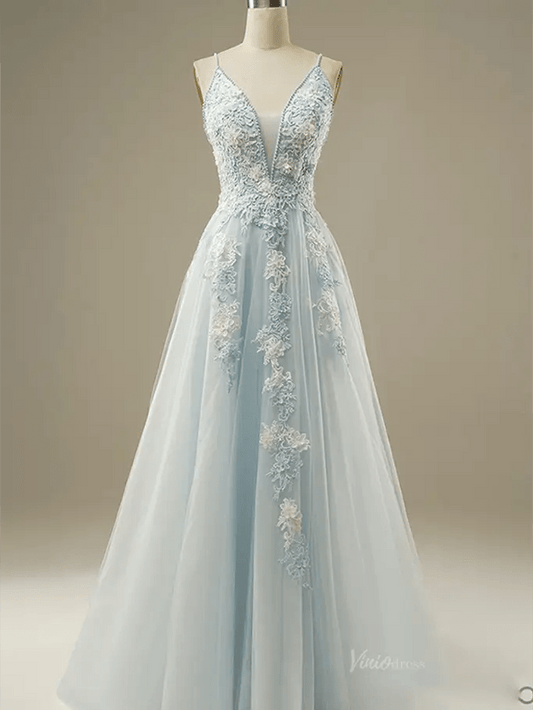 Dusty Blue Floral Lace Prom Dresses 2025 Spaghetti Strap V-Neck Formal Dresses - FD1779-prom dresses 2025 -Viniodress-Blue-Custom Size-