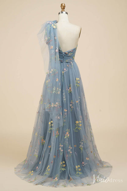 Dusty Blue Floral Lace Prom Dresses One Shoulder Formal Dress FD4080B-prom dresses 2025 -Viniodress-Dusty Blue-Custom Size-