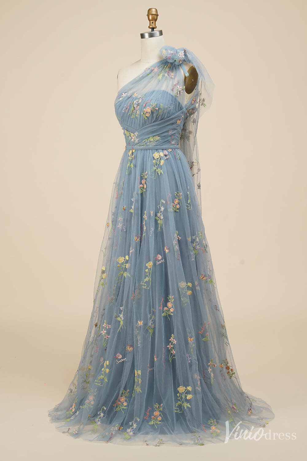 Dusty Blue Floral Lace Prom Dresses One Shoulder Formal Dress FD4080B-prom dresses 2025 -Viniodress-Dusty Blue-Custom Size-