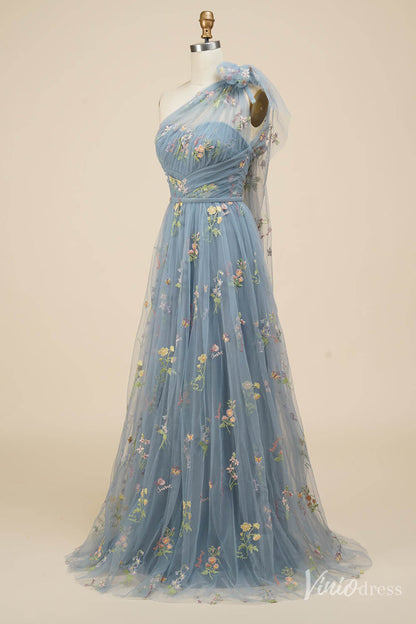 Dusty Blue Floral Lace Prom Dresses One Shoulder Formal Dress FD4080B-prom dresses 2025 -Viniodress-Dusty Blue-Custom Size-