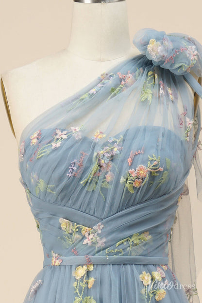 Dusty Blue Floral Lace Prom Dresses One Shoulder Formal Dress FD4080B-prom dresses 2025 -Viniodress-Dusty Blue-Custom Size-