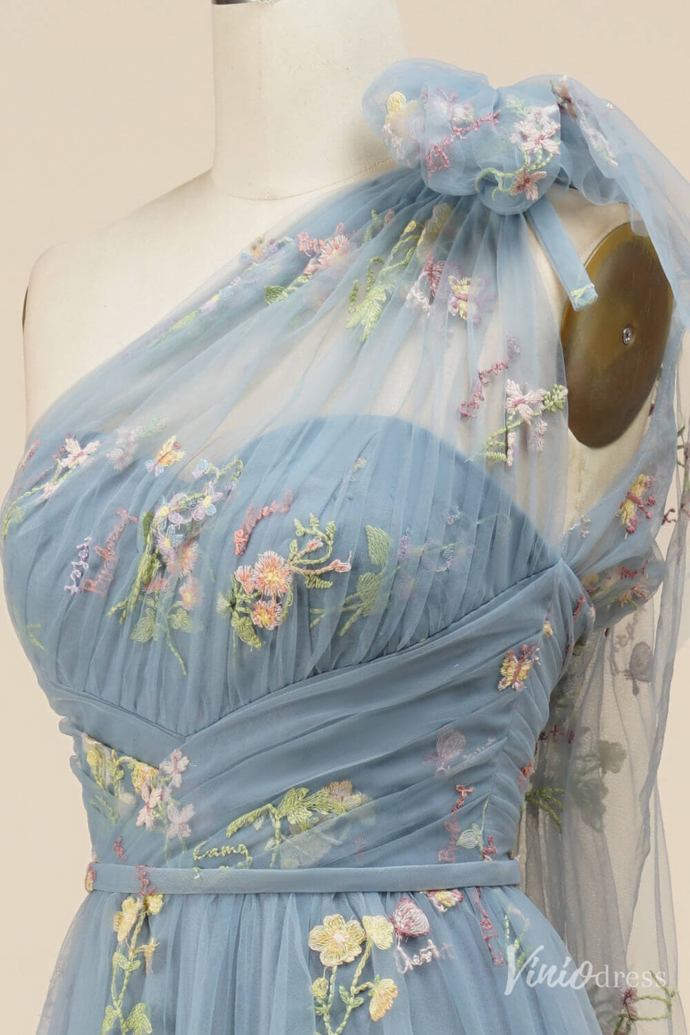 Dusty Blue Floral Lace Prom Dresses One Shoulder Formal Dress FD4080B-prom dresses 2025 -Viniodress-Dusty Blue-Custom Size-