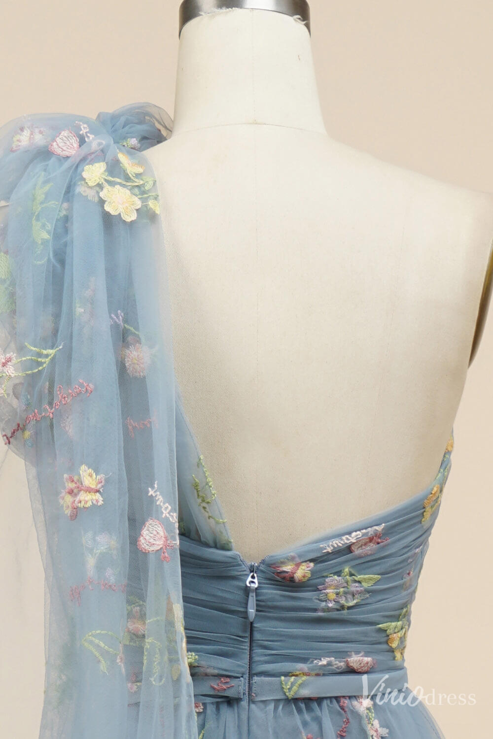 Dusty Blue Floral Lace Prom Dresses One Shoulder Formal Dress FD4080B-prom dresses 2025 -Viniodress-Dusty Blue-Custom Size-