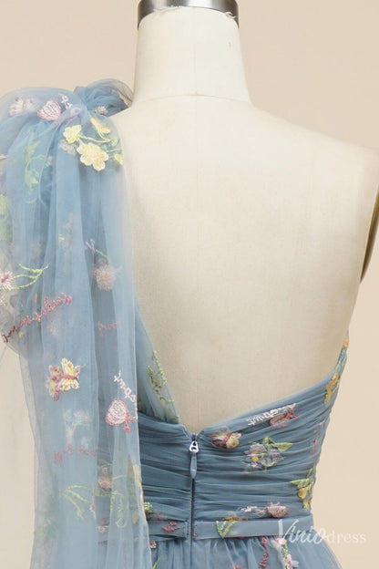 Dusty Blue Floral Lace Prom Dresses One Shoulder Formal Dress FD4080B-prom dresses 2025 -Viniodress-Dusty Blue-Custom Size-