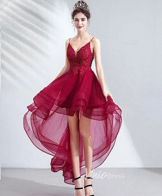 Dusty Blue High Low Prom Dresses Spaghetti Strap Cocktail Party Dress FD1684-prom dresses 2025 -Viniodress-Burgundy-Custom Size-