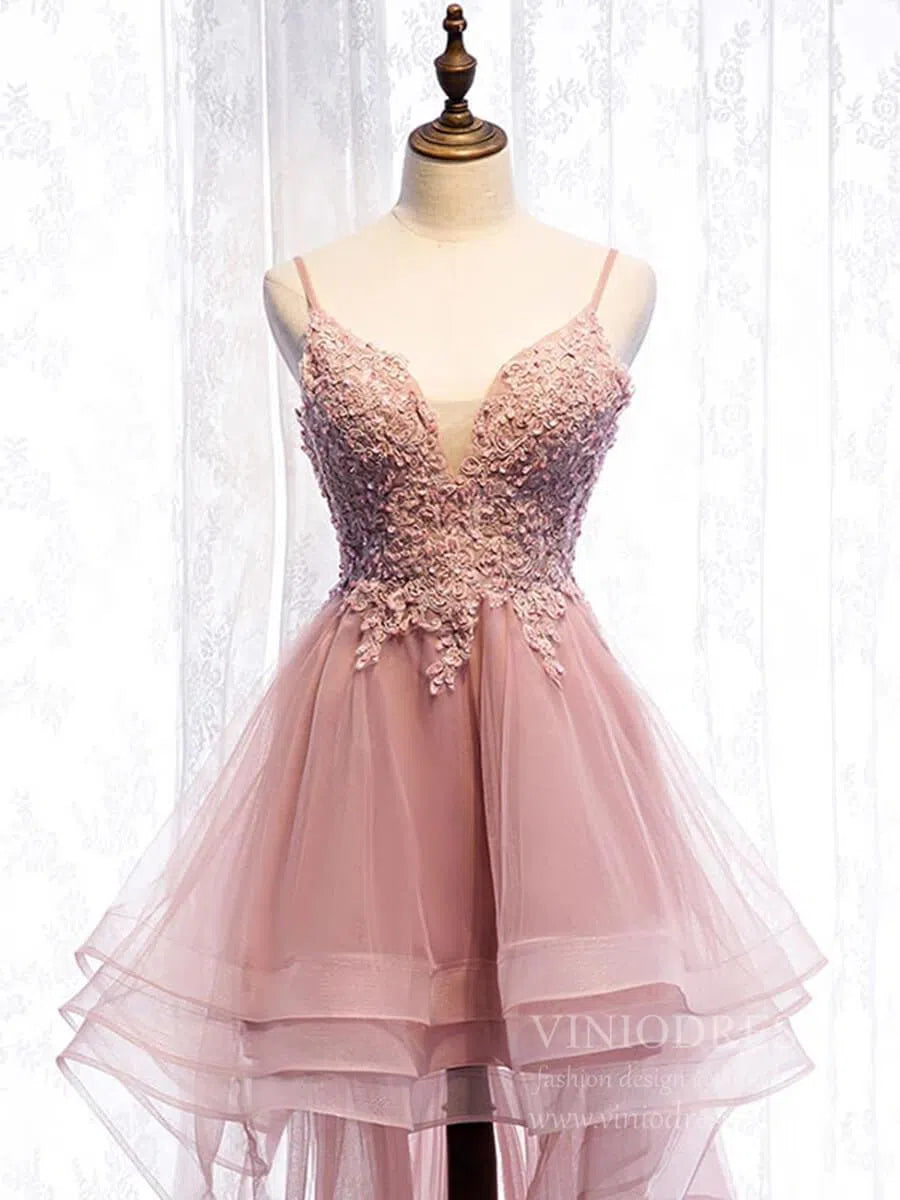 Dusty Blue High Low Prom Dresses Spaghetti Strap Cocktail Party Dress FD1684-prom dresses 2025 -Viniodress-Dusty Blue-Custom Size-