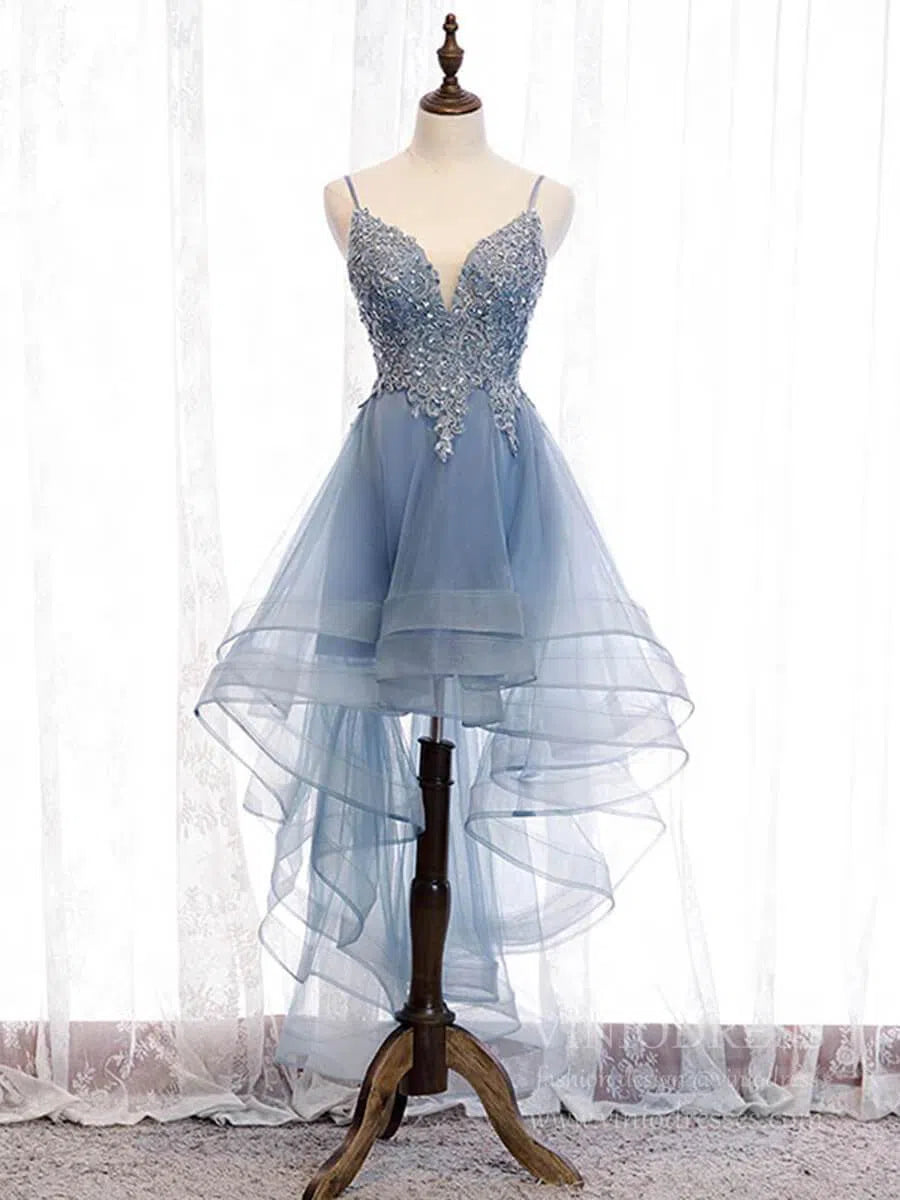 Dusty Blue High Low Prom Dresses Spaghetti Strap Cocktail Party Dress FD1684-prom dresses 2025 -Viniodress-Dusty Blue-Custom Size-