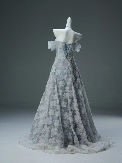 Dusty Blue Off the Shoulder Evening Gown with Sparkly Floral Lace & Tiered Neckline - CQ0111-Couture Gown 2025 -Viniodress-Blue-Custom Size-