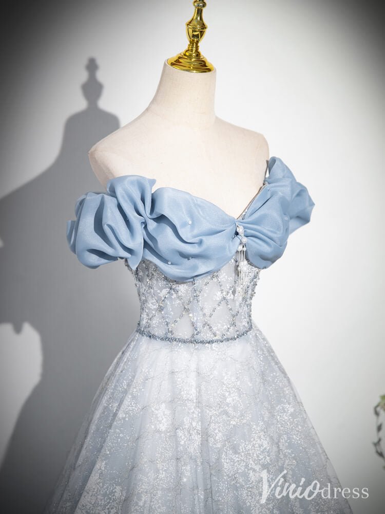 Dusty Blue Off the Shoulder Prom Dresses Sparkly Tulle Formal Dress AD1344-prom dresses 2025 -Viniodress-Dusty Blue-Custom Size-