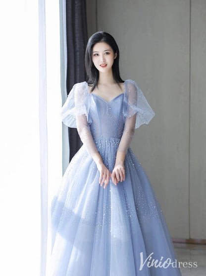 Dusty Blue Pearl Sweetheart Prom Dresses Puffed Sleeve Formal Dress AD1327-prom dresses 2025 -Viniodress-Dusty Blue-Custom Size-