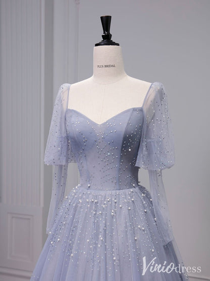 Dusty Blue Pearl Sweetheart Prom Dresses Puffed Sleeve Formal Dress AD1327-prom dresses 2025 -Viniodress-Dusty Blue-Custom Size-
